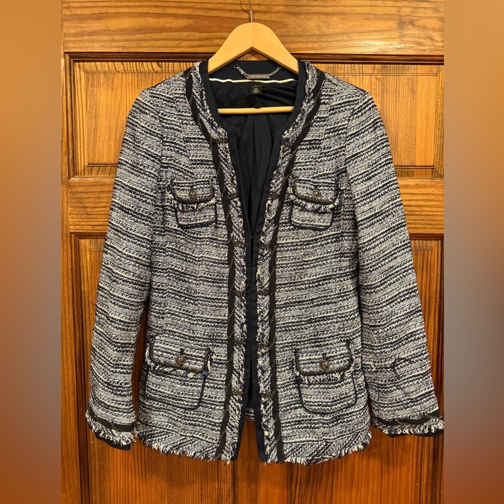WHBM Blue White Tweed Fringe Chain Embellished Blazer Jacket | Size 4